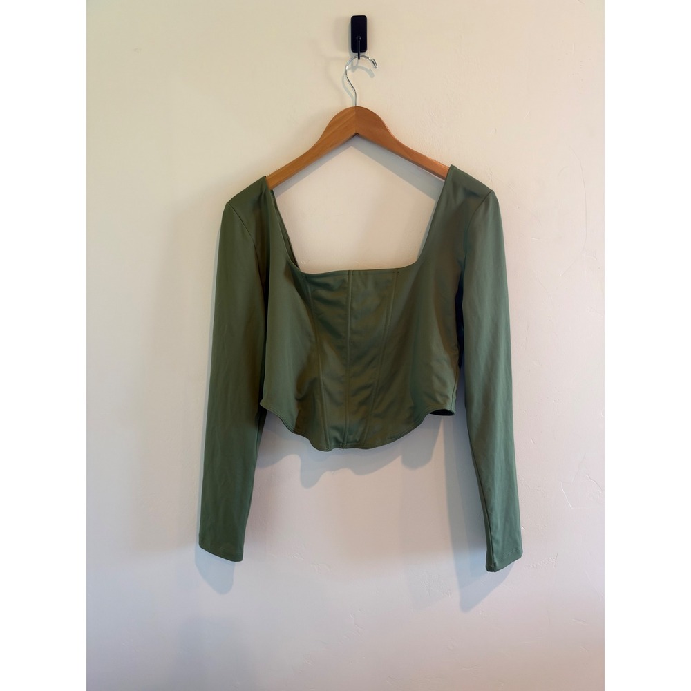 REORIA Womens XL Olive Green Long Sleeve Corset Top Square Neck Zip Back Crop